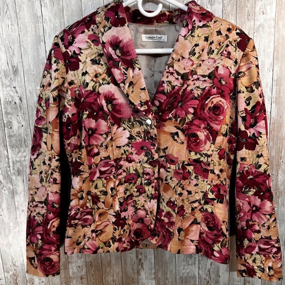 Coldwater Creek Tweed Womans Blazer Jacket Tan Orange Berry Floral Fall Colors M